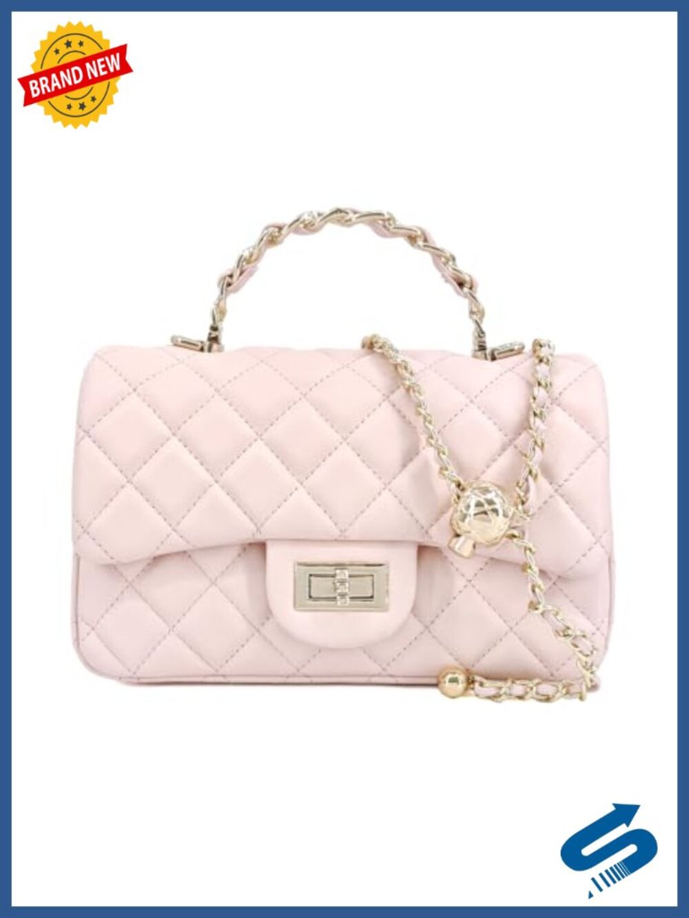 Quilted Cow Leather Crossbody Bag with Gold-Tone Handle Chain Strap - Picture 1 of 6